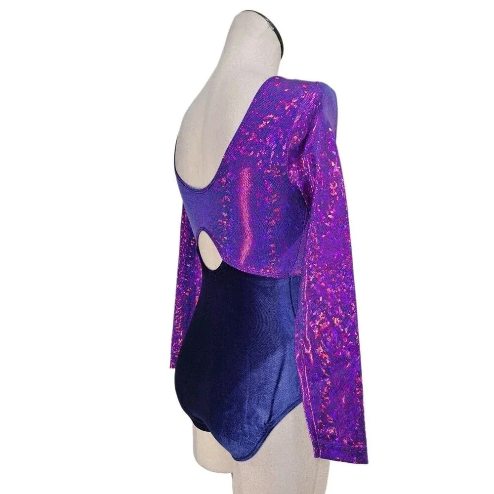 GK Elite VTG Mystique Purple Holographic LS Keyhole Leotard Blue Velvet Size AM